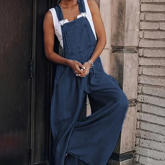 Deep Blue Wide Leg Bib Overalls - Picture 1 of 5